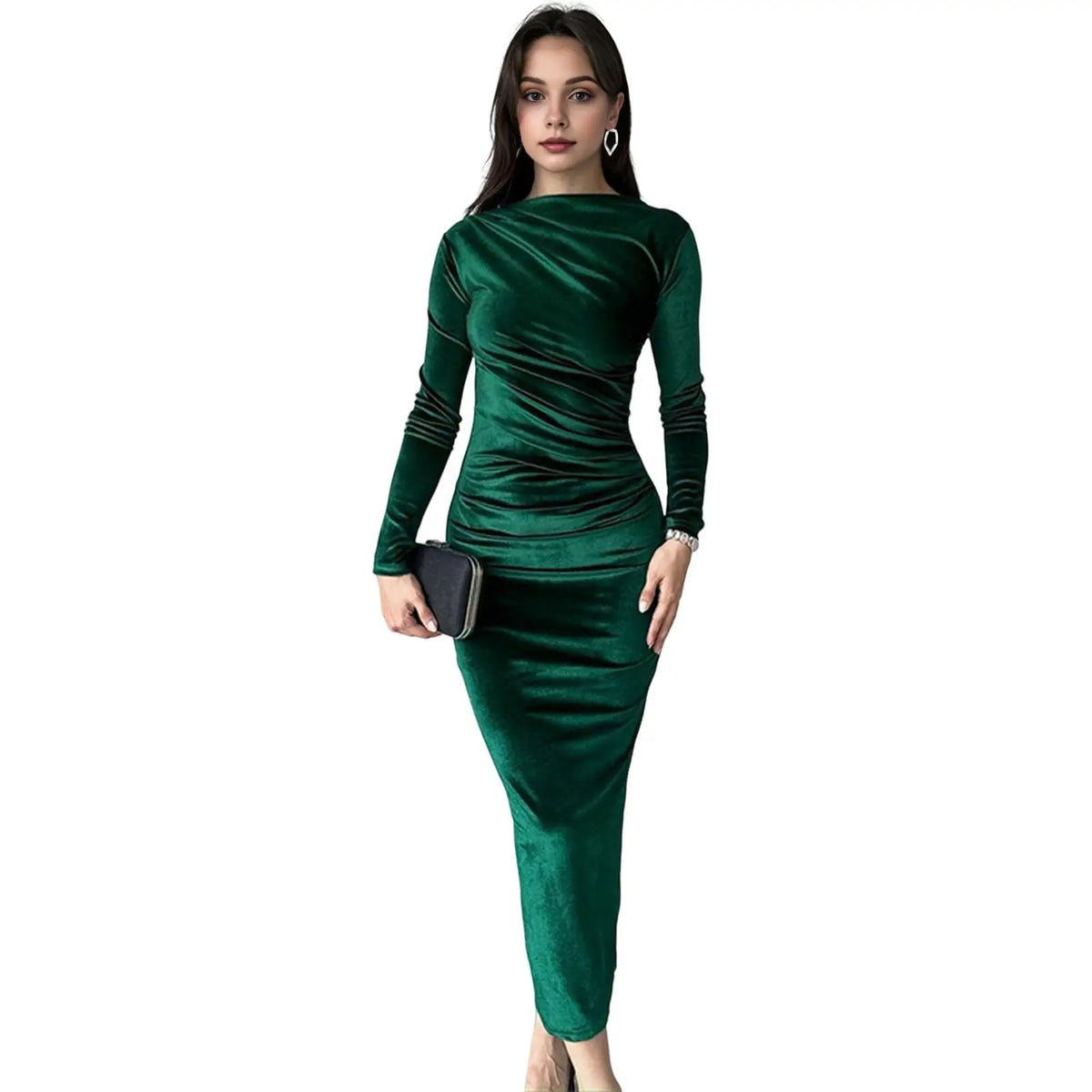 Vestido Valentina – Long Sleeve Mock Neck Ruched Midi Dress
