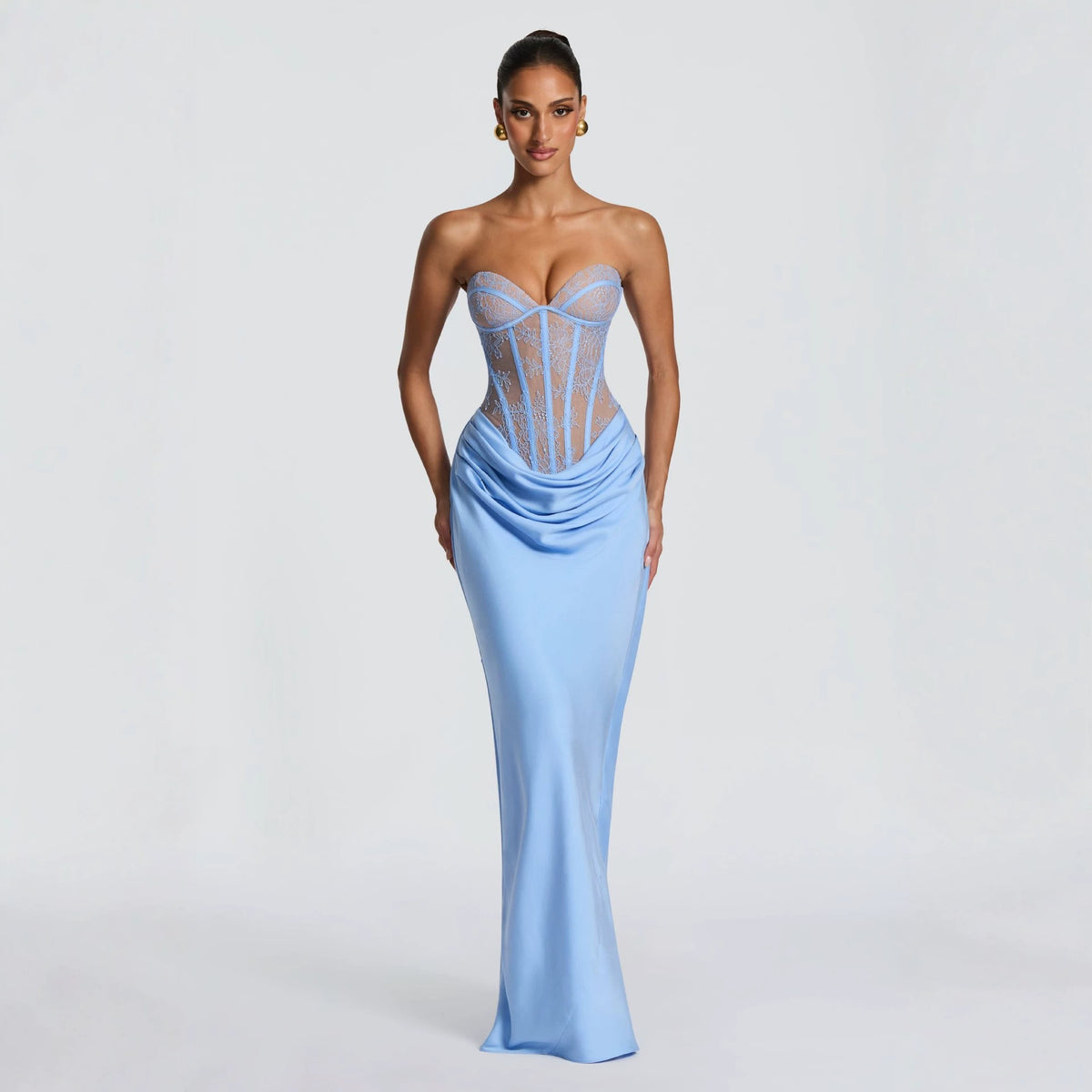 Vestido de Noche Elegante de Encaje Francés, Sin Mangas, Corte Ajustado