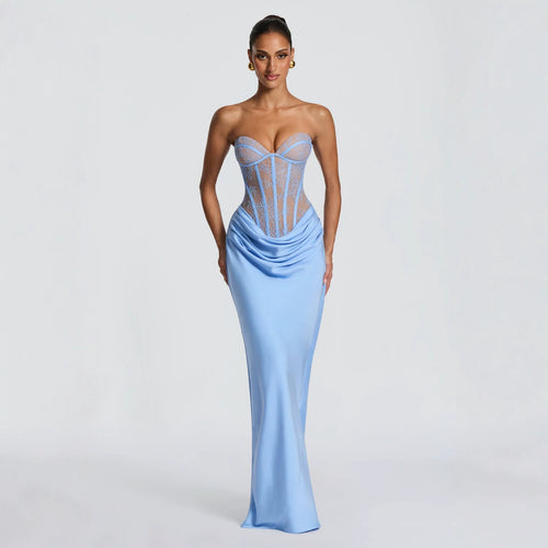 Vestido de Noche Elegante de Encaje Francés, Sin Mangas, Corte Ajustado