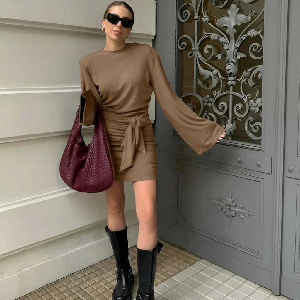 Vestido Maryam Cruzado con Mangas Campana y Lazo en la Cintura